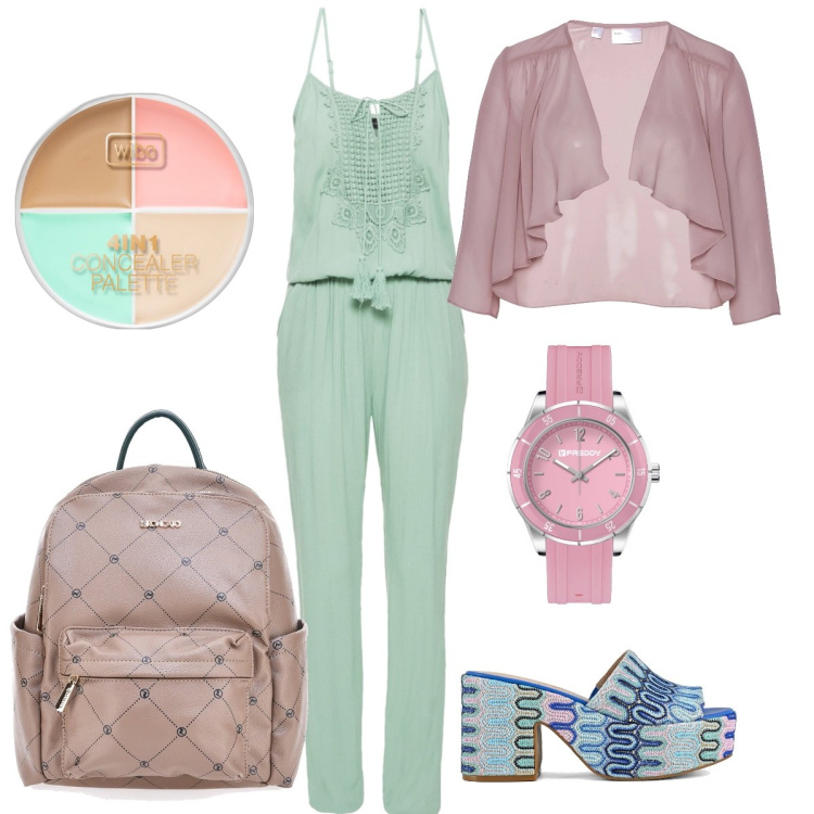 Outfit donna - Colori pastello. Stile Romantica per Ufficio. Abbinamento con tute, blazer, correttori, orologi, sabot, zaini.