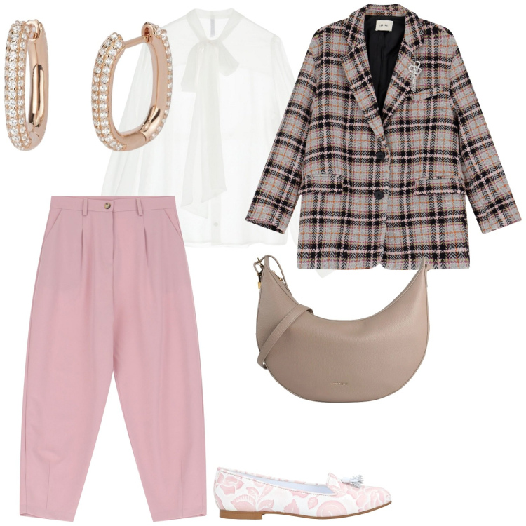 Outfit donna - La primavera. per Tutti i giorni. Abbinamento con mocassini, borse a tracolla, orecchini, camicie, pantaloni, blazer.