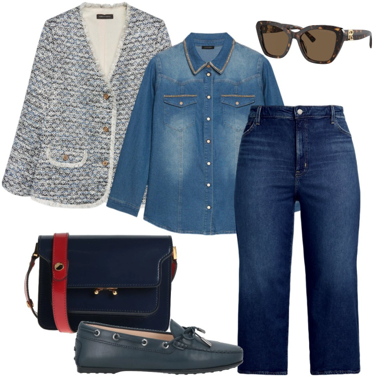 Outfit donna - Non solo denim. Stile Casual chic per Tutti i giorni. Abbinamento con mocassini, borse a tracolla, occhiali da sole, jeans, camicie, blazer.