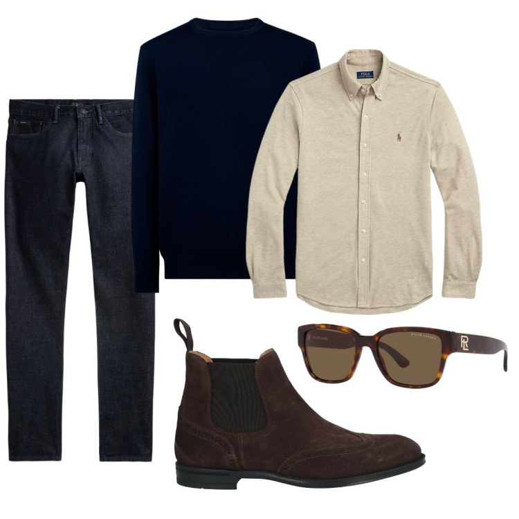 Outfit uomo - Total look #2065700. Stile Trendy per Tutti i giorni. Abbinamento con stivali e stivaletti, occhiali da sole, jeans, camicie, maglieria.