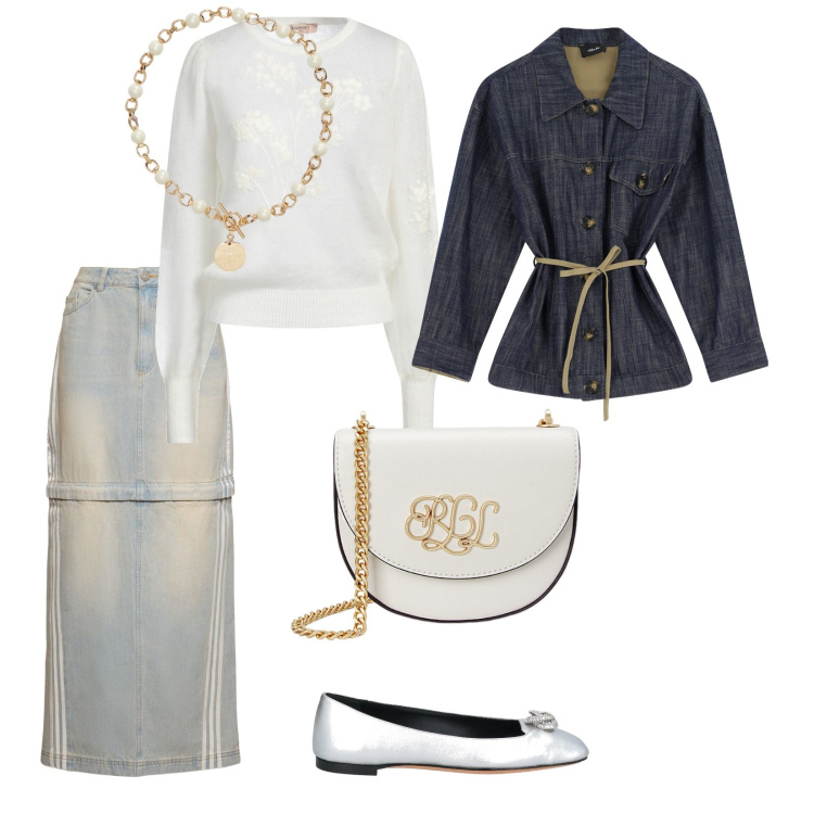 Outfit donna - Fresco. per Tutti i giorni. Abbinamento con pullovers, ballerine, blazer, collane, borse a tracolla, gonne.