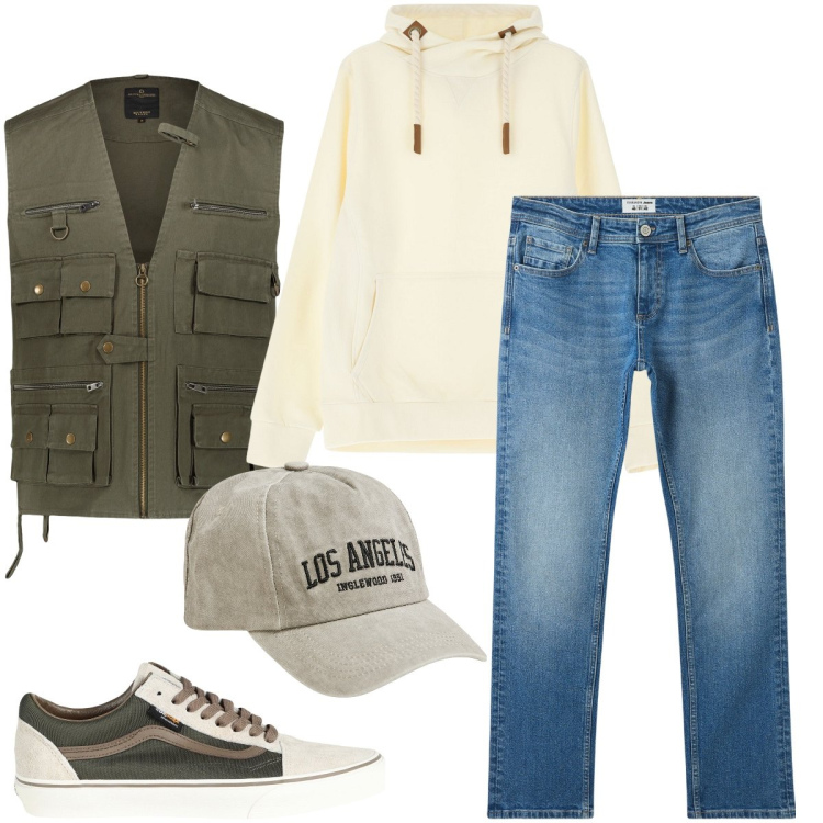 Outfit uomo - Il gilet da pescatore. Stile Casual per Tutti i giorni. Abbinamento con sneakers, felpe con cappuccio, gilet, jeans, cappelli.