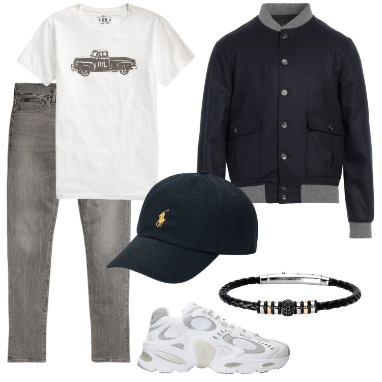 Outfit uomo - Take it easy. Stile Casual per Tutti i giorni. Abbinamento con giacche, braccialetti, t-shirt, sneakers, jeans, cappelli.