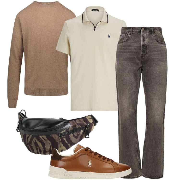Outfit uomo - Il marsupio zebrato. Stile Trendy per Tutti i giorni. Abbinamento con borse sportive, sneakers, polo, maglieria, jeans.