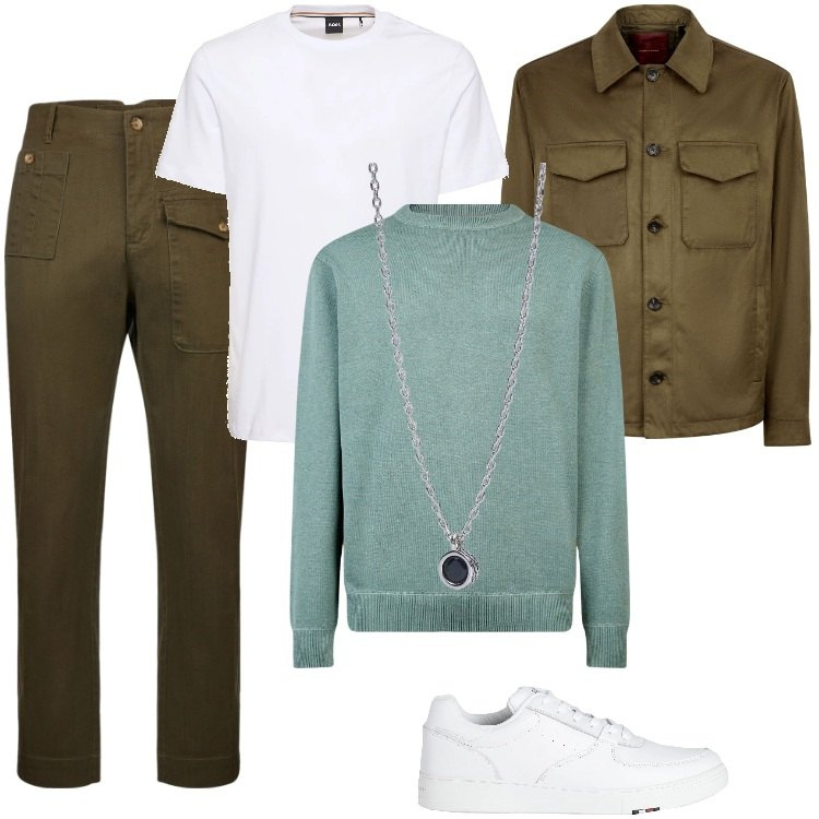 Outfit uomo - Total look #2065722. Stile Trendy per Tutti i giorni. Abbinamento con sneakers, collane, giacche, t-shirt, maglieria, pantaloni.