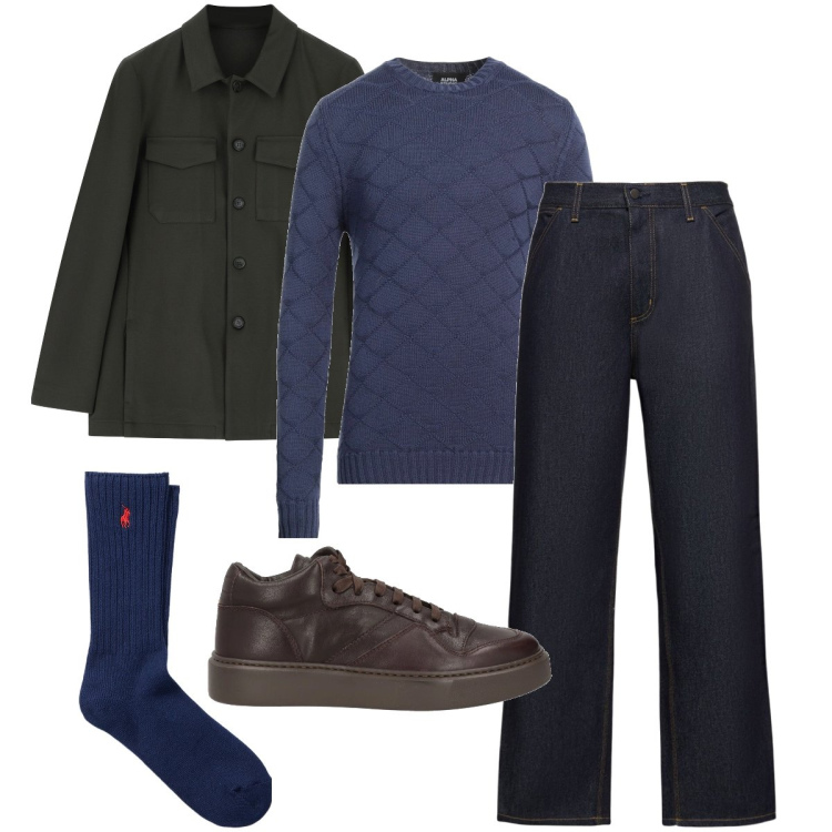 Outfit uomo - Il caban verde. Stile Urban per Serata speciale. Abbinamento con sneakers alte, pullovers, camicie, calzini, jeans.