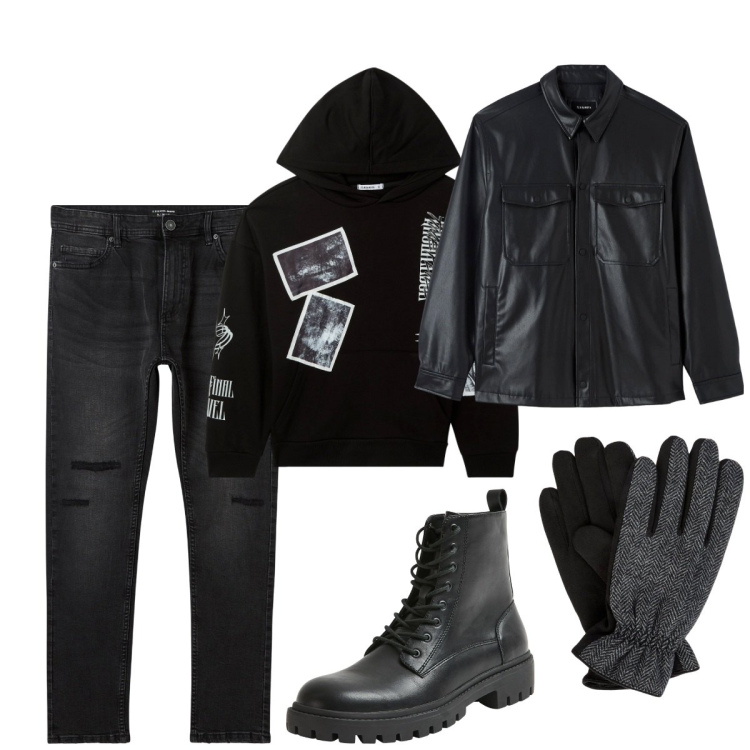 Outfit uomo - Total look #2065727. Stile Biker Rock per Tutti i giorni. Abbinamento con jeans strappati, felpe con cappuccio, anfibi, cappotti, guanti.