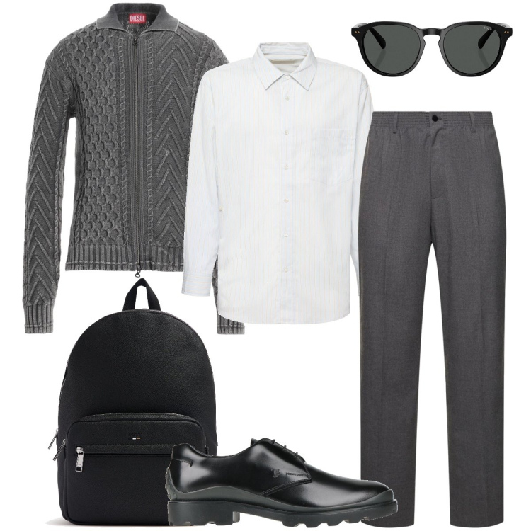 Outfit uomo - In treno per lavoro. Stile Business/Elegante per Ufficio. Abbinamento con scarpe stringate, cardigans, occhiali da sole, borse sportive, camicie, pantaloni.