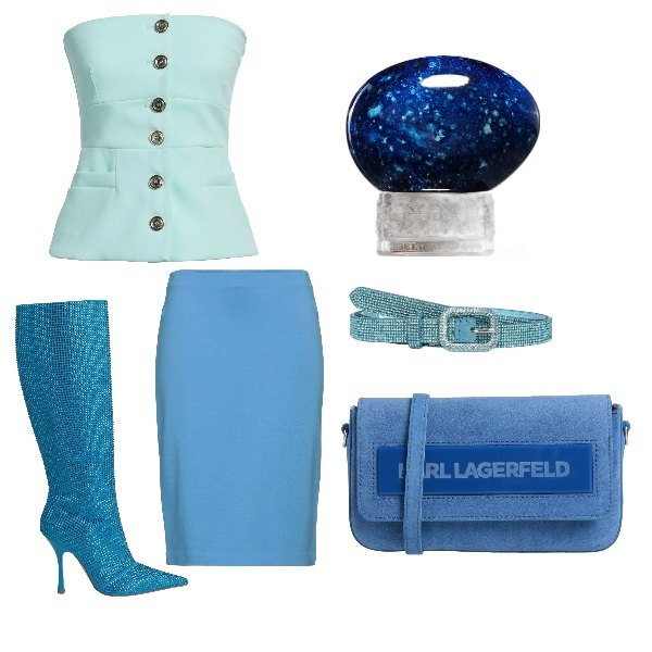 Outfit donna - tutte le tonalità del blu. Stile Glamour per Tutti i giorni. Abbinamento con borse a tracolla, top, gonne longuette, stivali, profumi, cinture.