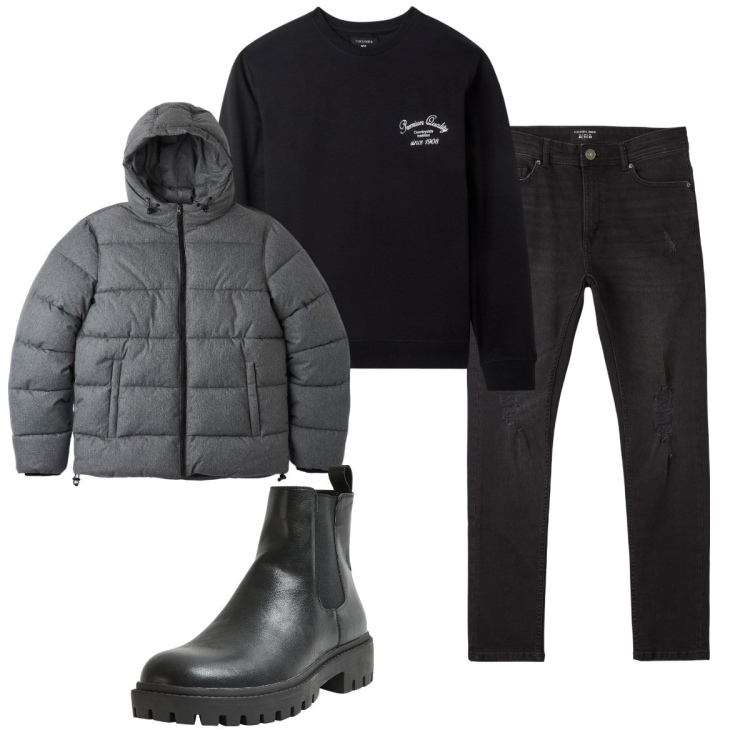 Outfit uomo - Total look #2065739. Stile Urban per Tutti i giorni. Abbinamento con felpe con cappuccio, jeans strappati, piumini, stivali e stivaletti.