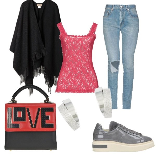 Outfit donna - Red.. Love. Abbinamento con maglia, jeans effetto strappato delavé con zip tinta unita, sneakers effetto vernice, poncio effetto spinato impreziosito, orecchini in oro bianco, borsa a tracolla mini con manico e zip.