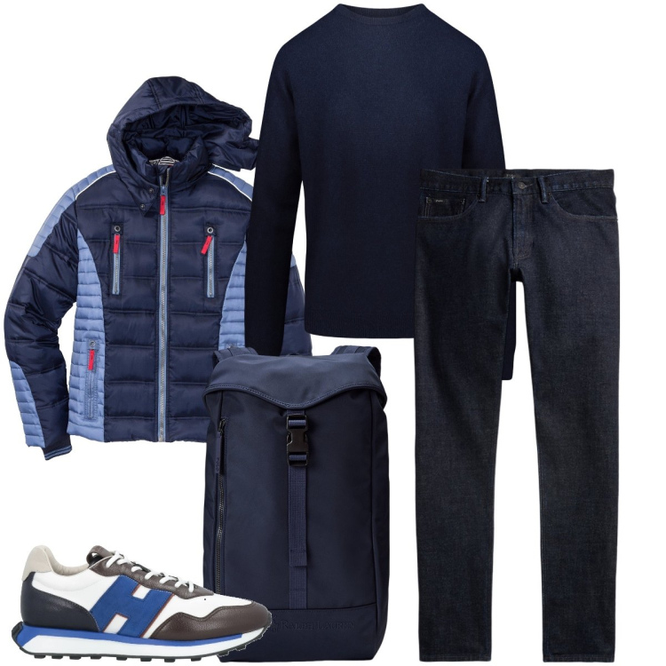 Outfit uomo - Blu notte. Stile Urban per Tutti i giorni. Abbinamento con giacche, sneakers, jeans, borse sportive, maglieria.