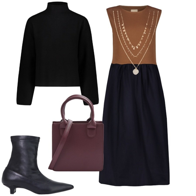 Outfit donna - Bicolor. Stile Trendy per Ufficio. Abbinamento con collane, shopping bag, stivaletti, maglieria, vestiti midi/longuette.