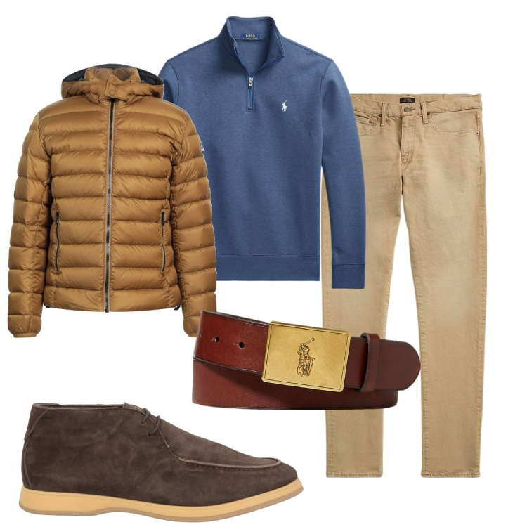 Outfit uomo - Total look #2065747. Stile Trendy per Tutti i giorni. Abbinamento con piumini, stivali e stivaletti, pullovers, jeans, cinture.