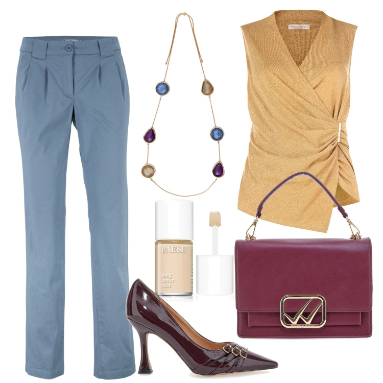 Outfit donna - Soft mix. Stile Casual chic per Tutti i giorni. Abbinamento con pantaloni chino, fondotinta, top, décolleté, borse a tracolla, collane.