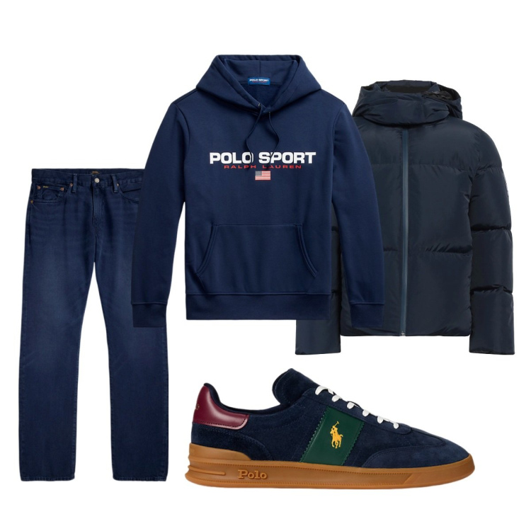 Outfit uomo - Total look #2065751. Stile Casual per Tutti i giorni. Abbinamento con piumini, sneakers, felpe con cappuccio, jeans dritti.