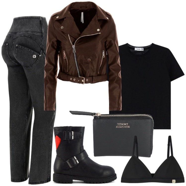 Outfit donna - Biker. Stile Rock per Tutti i giorni. Abbinamento con portafogli, t-shirt, blazer, jeans, reggiseni, stivaletti.