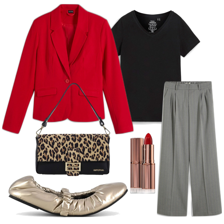 Outfit donna - The New Business Woman. Stile Casual chic per Ufficio. Abbinamento con t-shirt, blazer, pantaloni a palazzo, rossetti, borse a spalla, ballerine.
