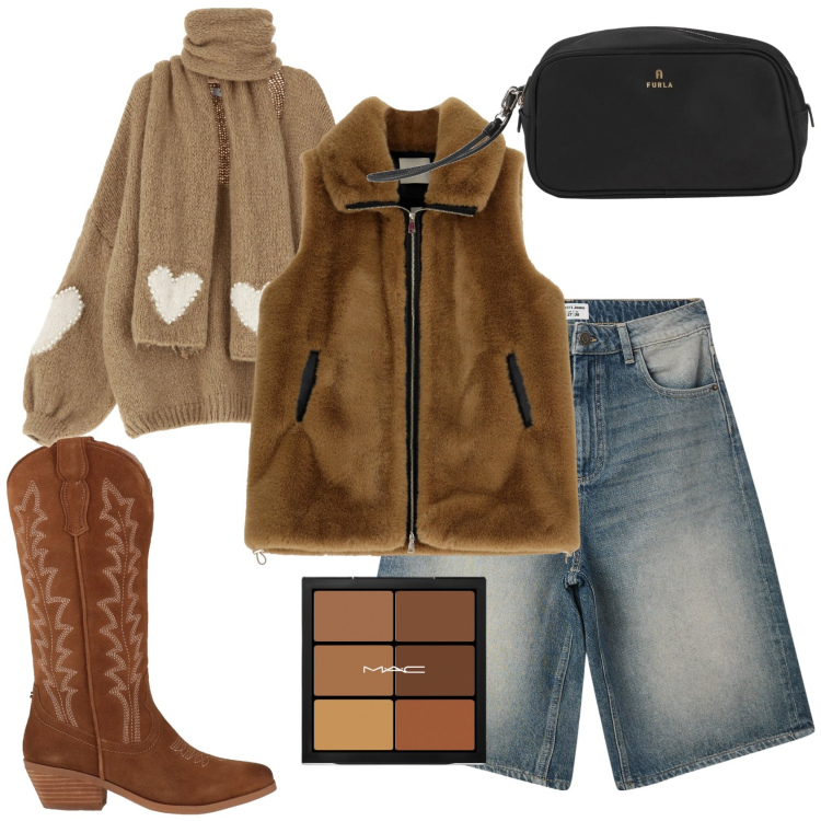 Outfit donna - Bermuda in jeans. Stile Trendy per Tutti i giorni. Abbinamento con stivali, valigie, correttori, bermuda, maglieria, gilet.