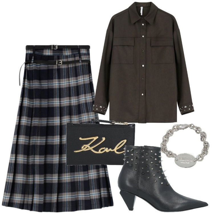 Outfit donna - Tronchetti borchiati. Stile Rock per Tutti i giorni. Abbinamento con stivaletti, braccialetti, portafogli, camicie, gonne lunghe.