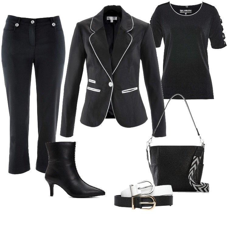 Outfit donna - Black & White. Stile Boho per Ufficio. Abbinamento con pantaloni capri, blazer, borse a tracolla, maglieria, stivaletti, cinture.