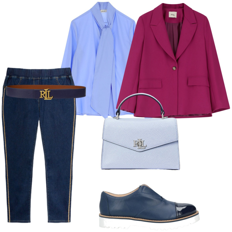 Outfit donna - A lavoro. per Ufficio. Abbinamento con mocassini, camicie, blazer, borse a mano, cinture, jeggings.