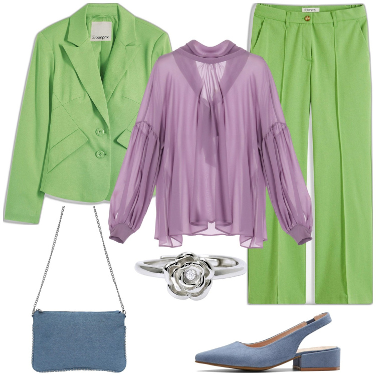 Outfit donna - I colori della primavera. Stile Casual chic per Tutti i giorni. Abbinamento con décolleté, pantaloni, blazer, borse a tracolla, anelli, camicie.
