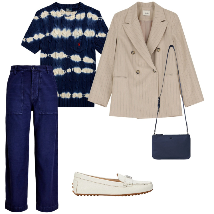 Outfit donna - In città. per Tutti i giorni. Abbinamento con maglieria, borse a tracolla, pantaloni, mocassini, blazer.