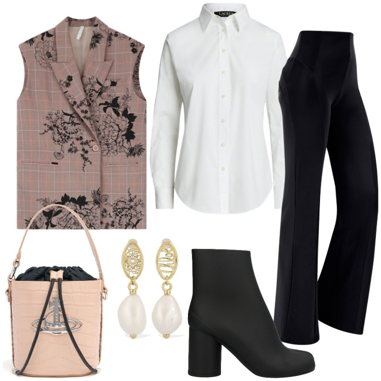 Outfit donna - Il gilet fantasia per la sera. Stile Glamour per Serata fuori. Abbinamento con stivaletti, gilet, pantaloni, camicie, orecchini, borse a mano.