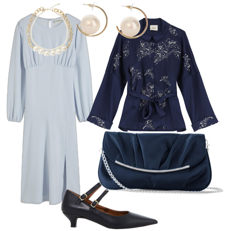 Outfit donna - Un po\' retrò per una cerimonia. per Cerimonia. Abbinamento con pochette, vestiti midi/longuette, décolleté, collane, blazer, orecchini.