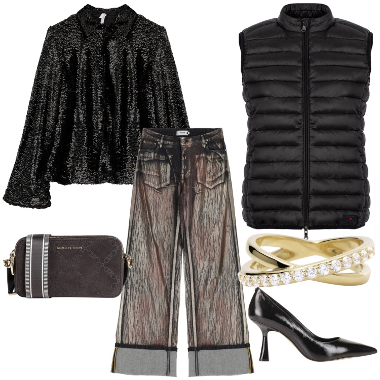 Outfit donna - Smanicato e aperitivo. Stile Glamour per Serata fuori. Abbinamento con décolleté, borse a tracolla, anelli, pantaloni, camicie, piumini.