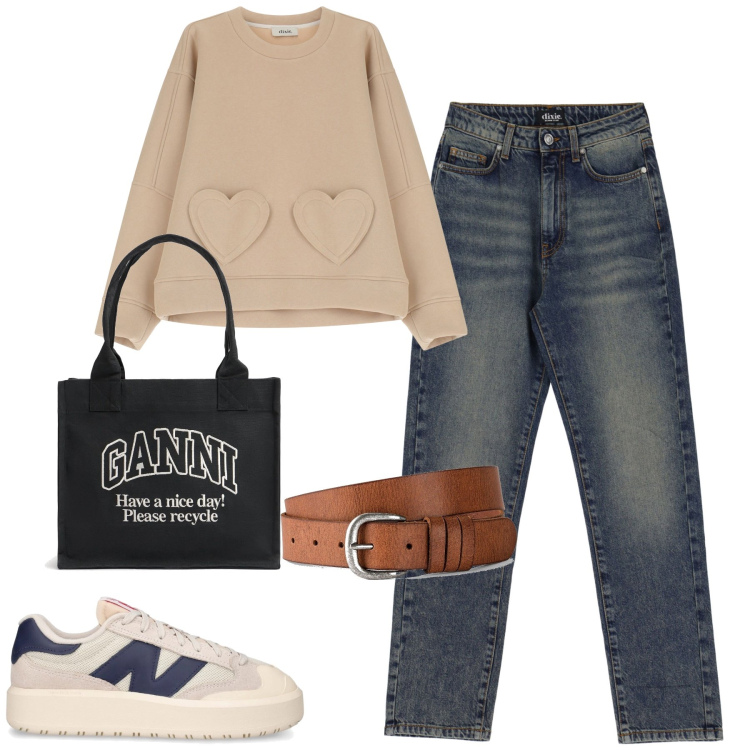 Outfit donna - Jeans e felpa. Stile Casual per Tutti i giorni. Abbinamento con cinture, felpe, jeans, sneakers, shopping bag.