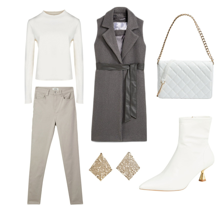 Outfit donna - Eleganza low cost. Stile Casual chic per Ufficio. Abbinamento con gilet, pantaloni skinny, stivaletti, borse a tracolla, orecchini, t-shirt.