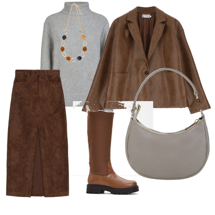 Outfit donna - Serata fredda. per Tutti i giorni. Abbinamento con stivali, blazer, borse a spalla, gonne lunghe, maglieria, collane.