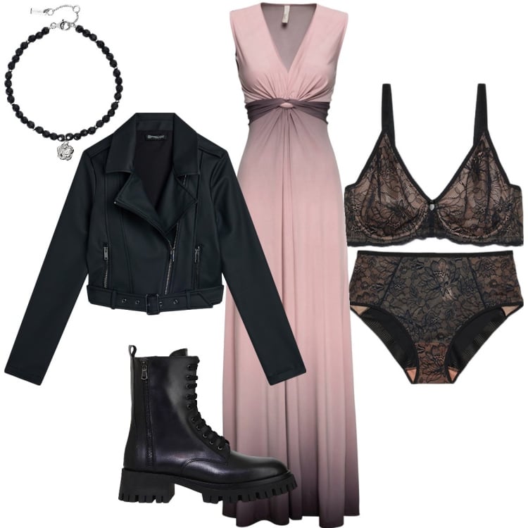 Outfit donna - Romantica ma grintosa…. Stile Casual chic per Serata fuori. Abbinamento con vestiti, braccialetti, giacche, stivali, reggiseni, culotte.