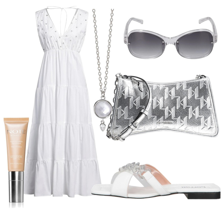 Outfit donna - Total look #2065825. Stile Trendy per Serata fuori. Abbinamento con borse a tracolla, sandali in pelle, vestiti lunghi, correttori, collane, occhiali da sole.