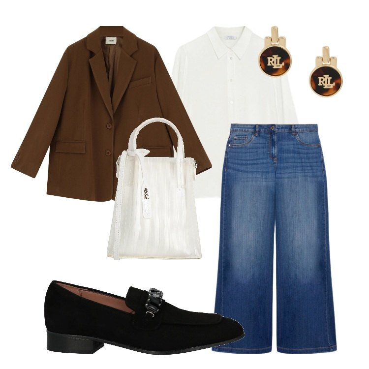 Outfit donna - Brown in office. Abbinamento con mocassini, borse a mano, blazer, orecchini, camicie, jeans.
