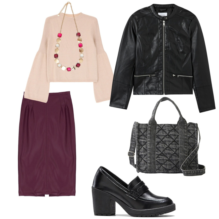 Outfit donna - Una semplice giornata. per Tutti i giorni. Abbinamento con borse a mano, mocassini, blazer, maglieria, gonne, collane.