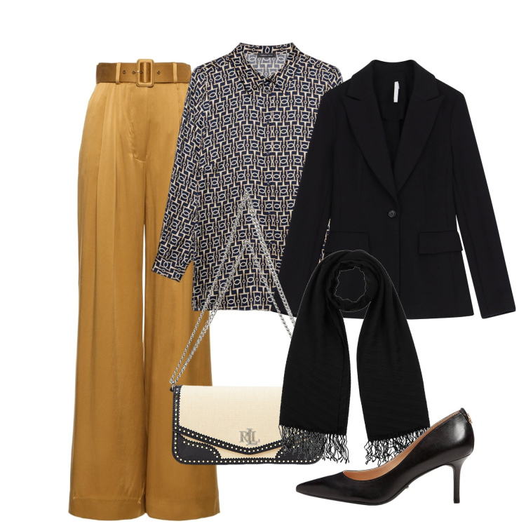 Outfit donna - Ufficio bon ton. Stile Bon Ton per Ufficio. Abbinamento con sciarpe, blazer, décolleté, borse a spalla, camicie, pantaloni.