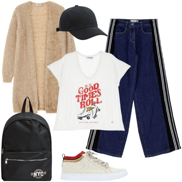 Outfit donna - Total look #2065863. Stile Urban per Tutti i giorni. Abbinamento con sneakers, cappelli, zaini, cardigans, t-shirt, jeans.