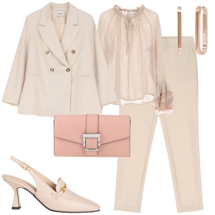 Outfit donna - Toni neutri. Stile Minimal per Tutti i giorni. Abbinamento con borse a mano, décolleté, bluse, pantaloni, orecchini, blazer.
