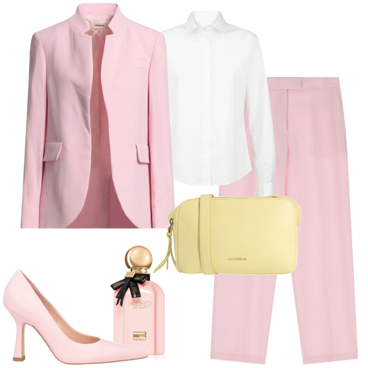 Outfit donna - Party di primavera. Stile Urban per Cerimonia. Abbinamento con blazer, borse a tracolla, décolleté, profumi, pantaloni, camicie.