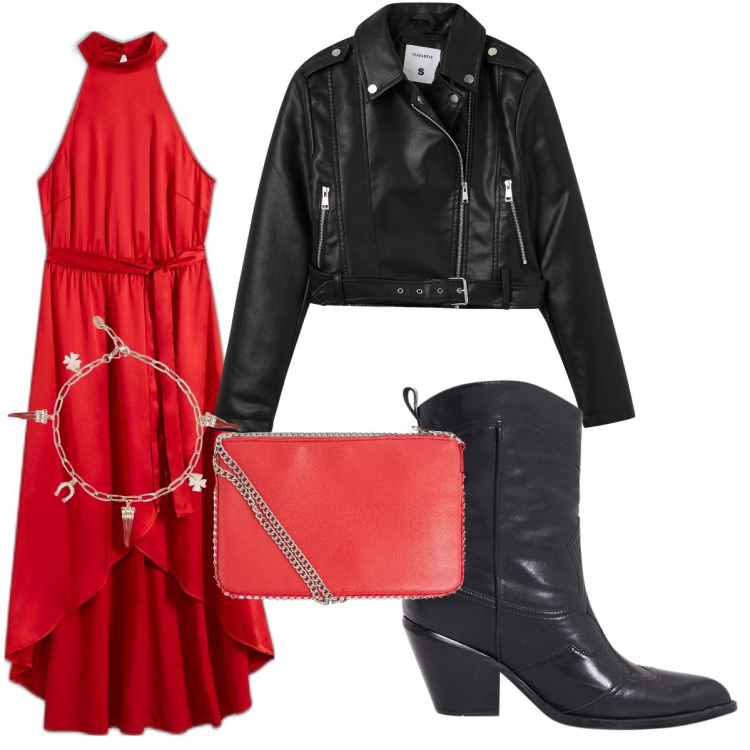 Outfit donna - Aggressive Red. Stile Rock per Serata fuori. Abbinamento con vestiti, borse a tracolla, giacche, braccialetti, stivaletti texani.