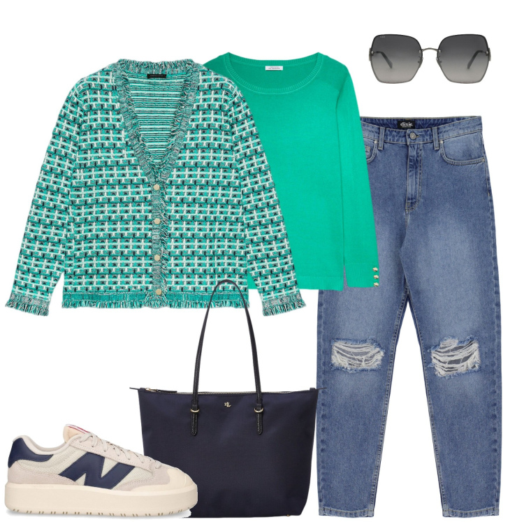 Outfit donna - City. Stile Urban per Tutti i giorni. Abbinamento con occhiali da sole, jeans strappati, borse tote, cardigans, maglieria, sneakers.