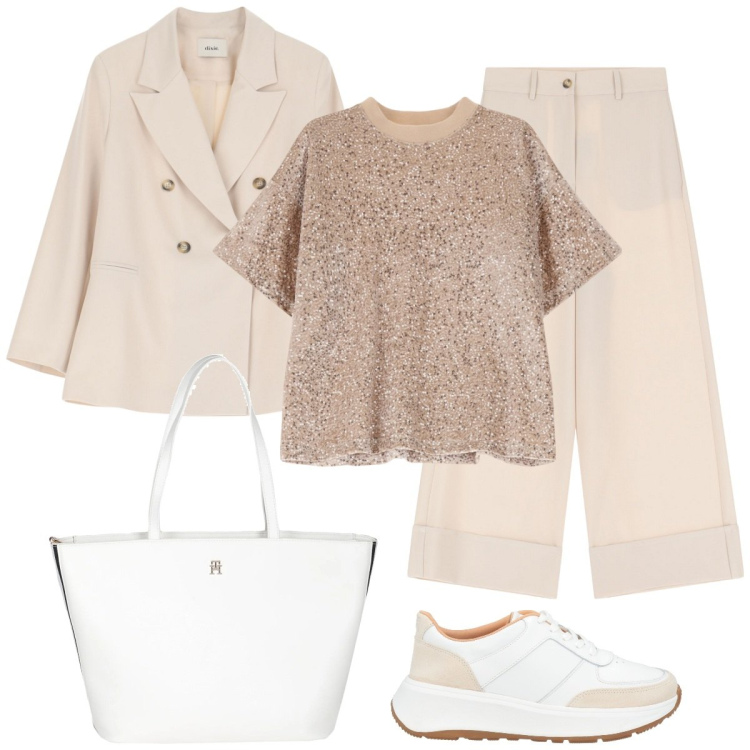 Outfit donna - Eleganza cipriata. Stile Casual chic per Serata fuori. Abbinamento con sneakers, borse a mano, t-shirt, pantaloni a palazzo, blazer.