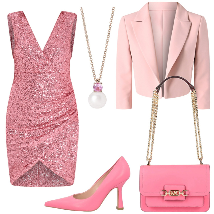 Outfit donna - Cerimonia primaverile. Stile Glamour per Cerimonia. Abbinamento con décolleté, borse a spalla, collane, blazer, vestiti a tubino.