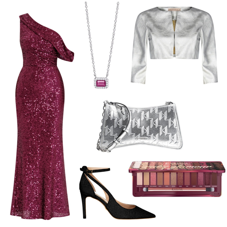 Outfit donna - Abito da cerimonia. Stile Glamour per Cerimonia. Abbinamento con borse a tracolla, ombretti, collane, bolero, vestiti asimmetrici, décolleté.