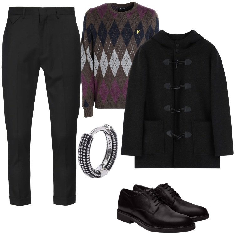 Outfit uomo - Classico poco banale. Stile Business/Elegante per Tutti i giorni. Abbinamento con pullovers, pantaloni, orecchini, parka, scarpe stringate.