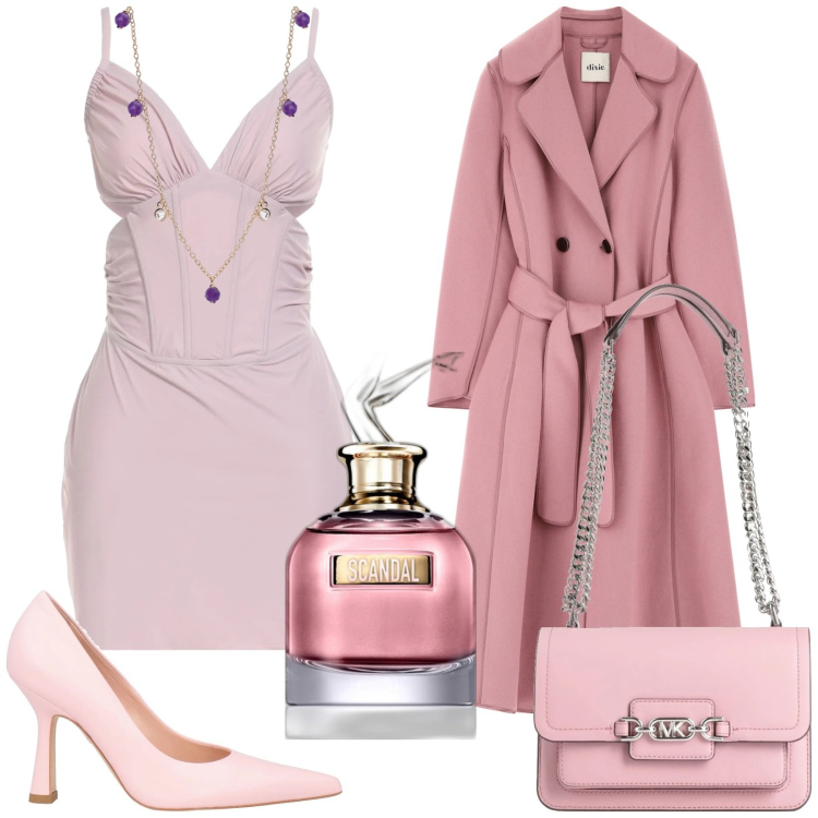 Outfit donna - Sfumature sensuali. Stile Sexy per Serata fuori. Abbinamento con profumi, borse a spalla, décolleté, vestiti corti, collane, cappotti.