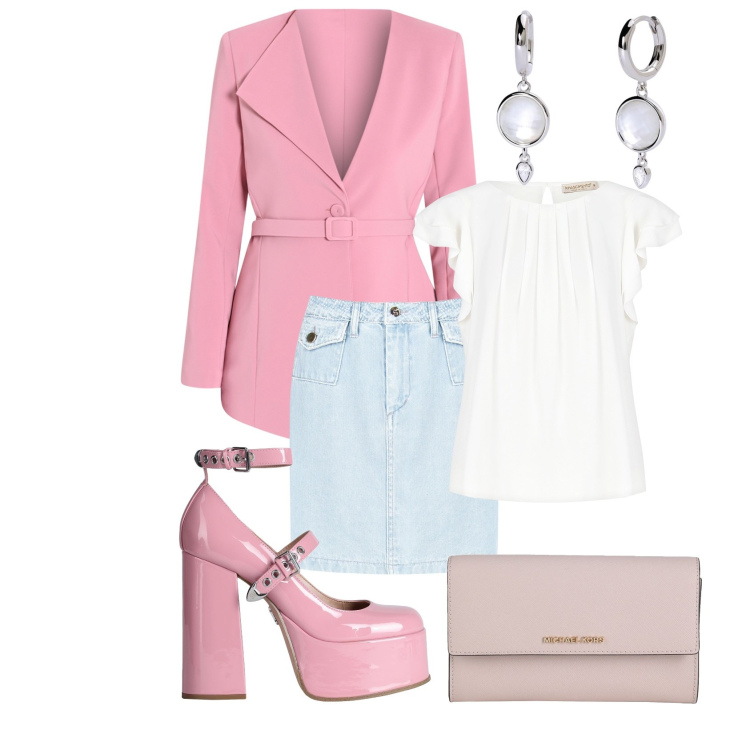 Outfit donna - Romantico coraggio. Abbinamento con décolleté, borse a mano, orecchini, minigonne, bluse, blazer.